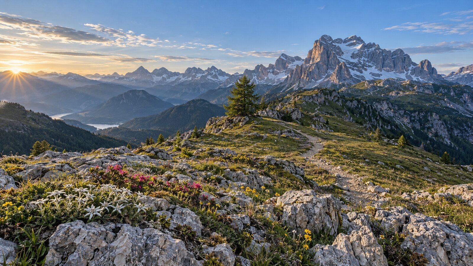 Paesaggio alpino con rocce vicine, albero sul sentiero e montagne lontane